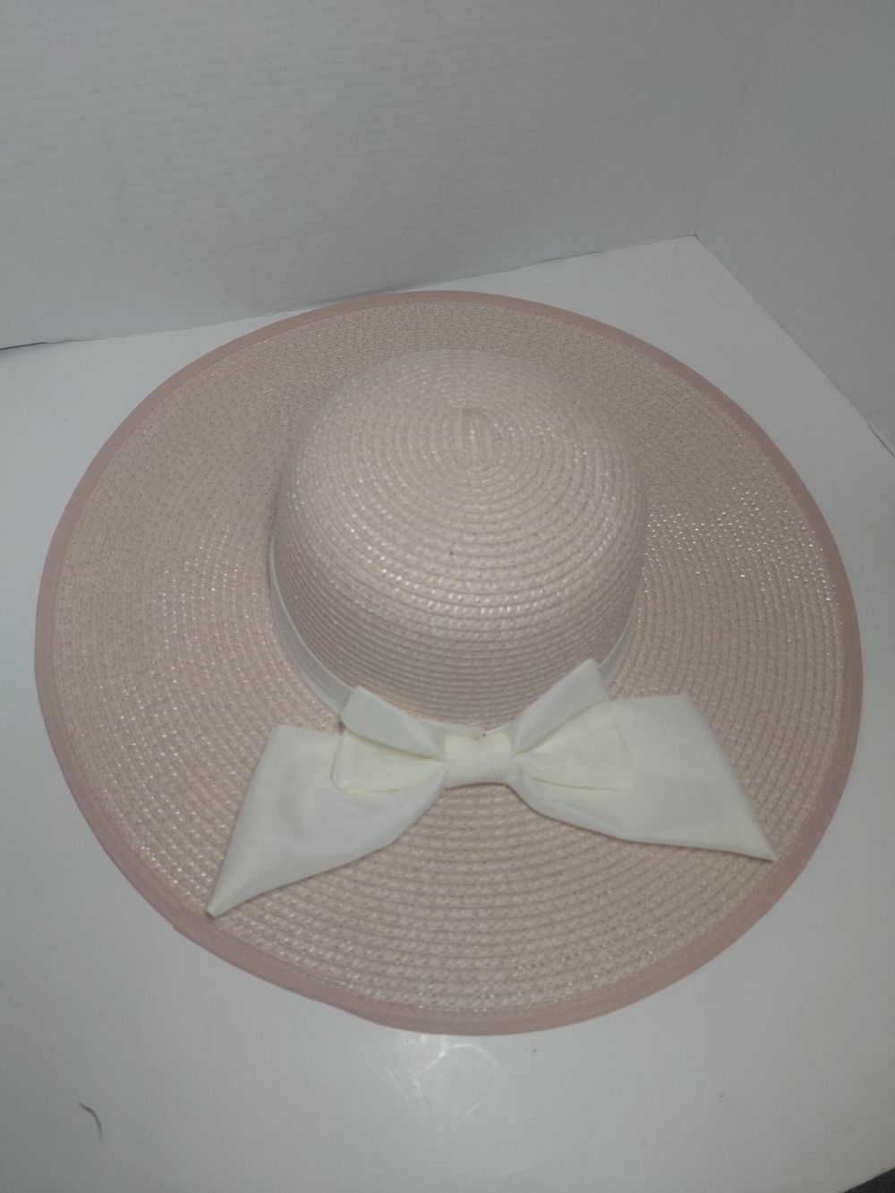 Wide-Brim Pink Straw Sun Hat with White Bow